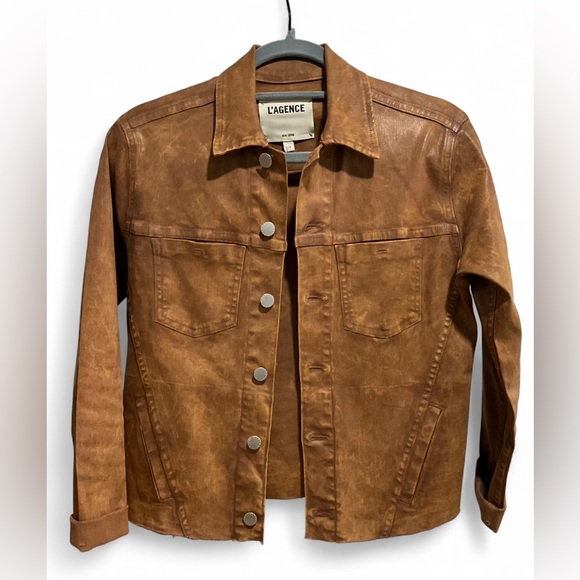 SALE🌟LIKE NEW L'AGENCE | SZ S | Janelle Coated Cropped Slim Raw Hem Jacket Java - Picture 6 of 9